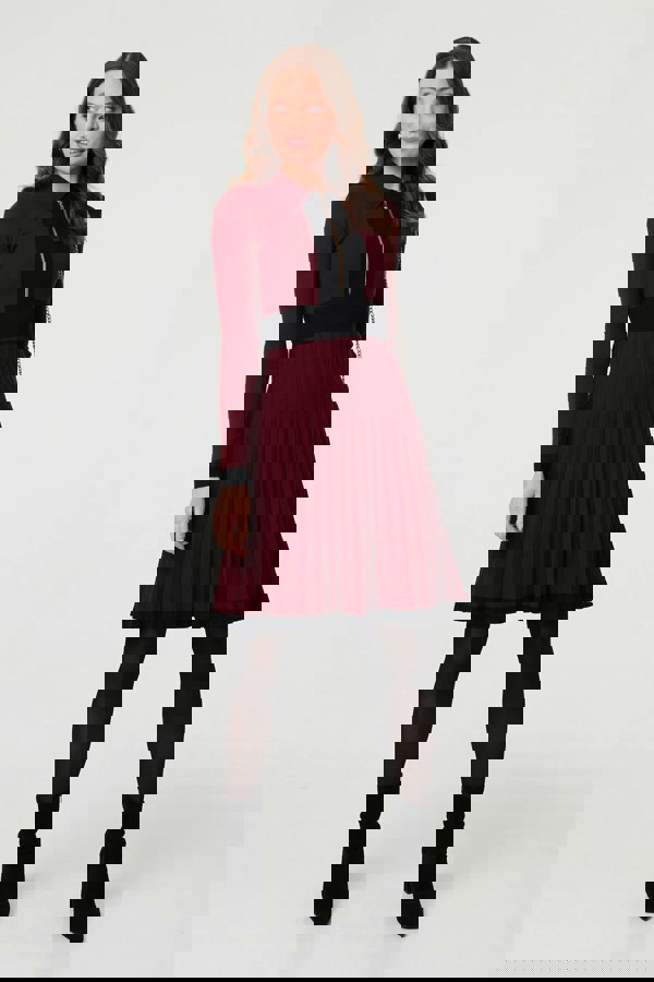 Red | Colour Block Zip Knit Knee Length Dress
