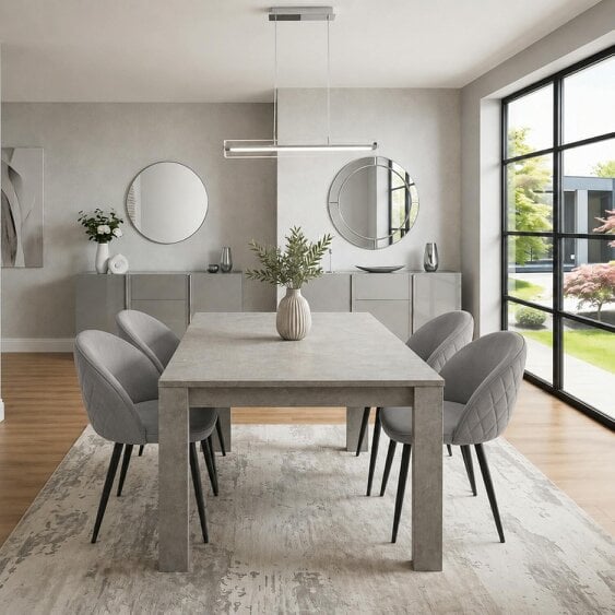 Kosy Koala Light Stone Grey Effect Dining Table Set with 4 Grey Velvet Chairs, 140x80x75cm
