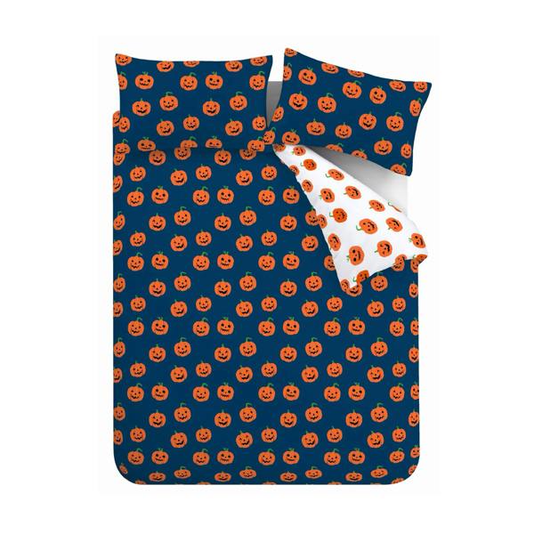Catherine Lansfield Halloween Pumpkins Reversible Duvet Cover Set Navy Blue