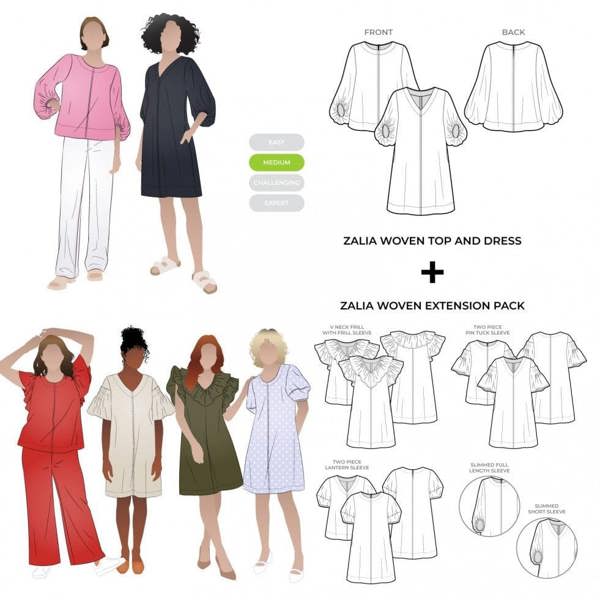 Style Arc Sewing Pattern Zalia Extension Pack - Tops, Dresses for Women - Intermediate