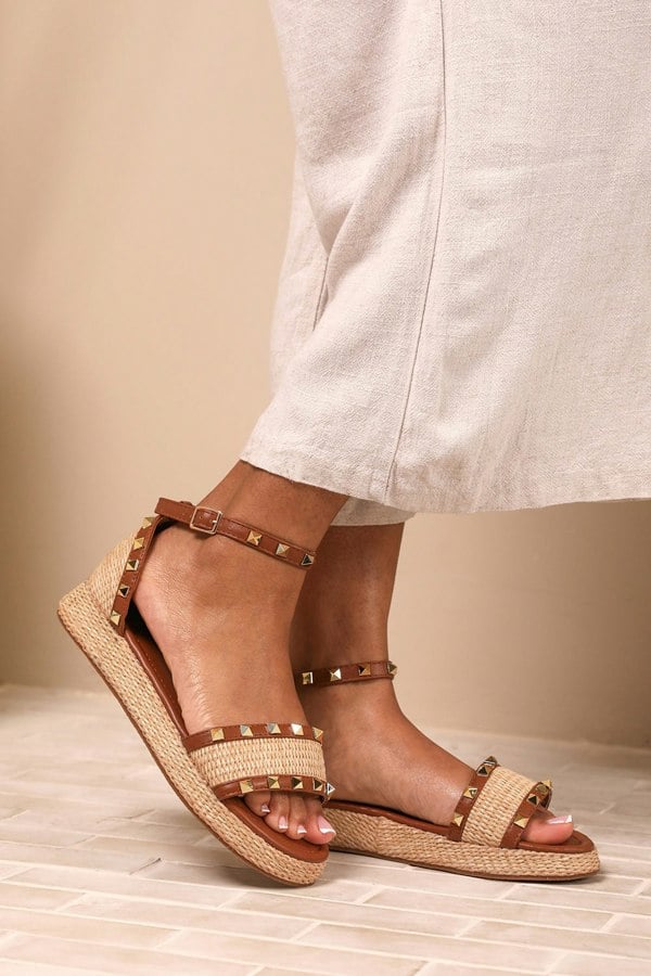 Where's That From Aviva Wide Fit Studded Gladiator Braided Strap Espadrille Flatform  in Tan Faux Leather