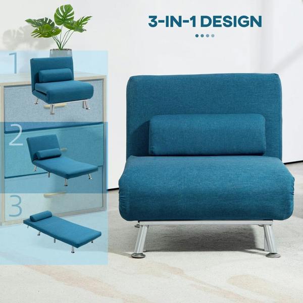 Blue sleeper chair with tall backrest and folded seat, textured fabric upholstery