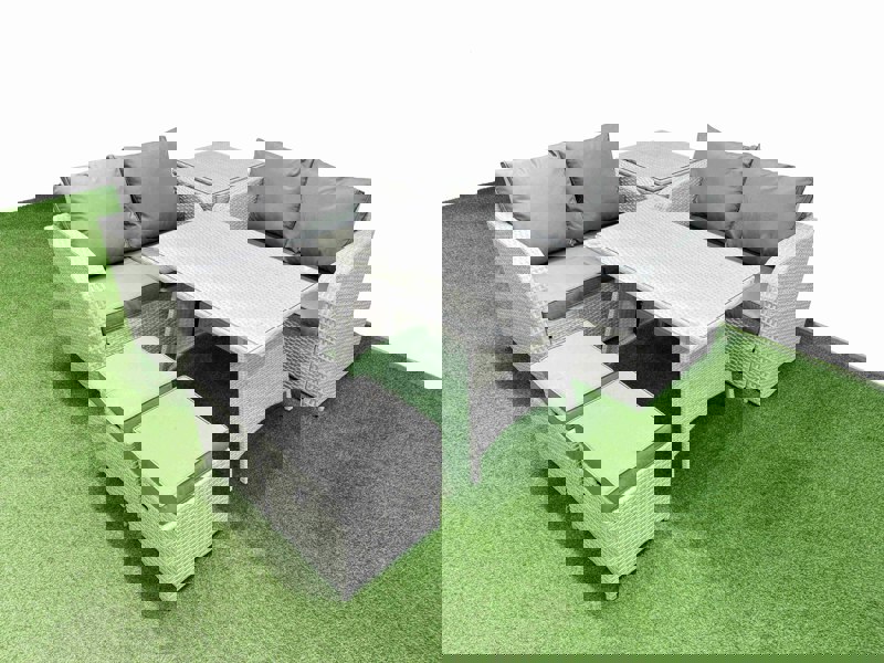 Fimous 6 Seater Outdoor Love Sofa Set Rattan Garden Furniture Set with Rectangular Dining Table Side Table 2 Small Footstool Light Grey