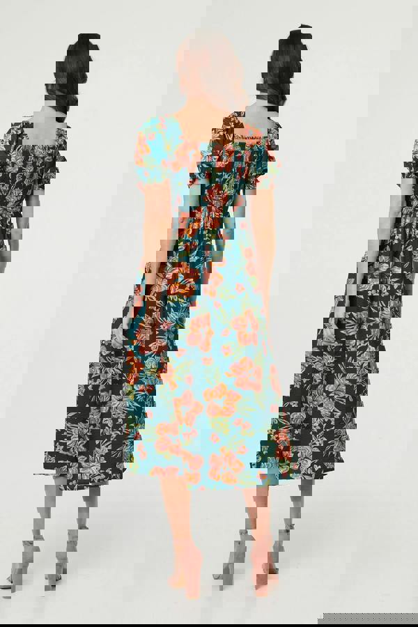 Green | Floral Tie Short Puff Sleeve Midi Dress