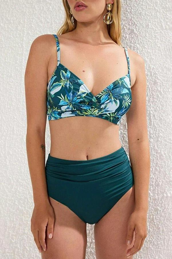 WOVCOR Tropical Patterned Draped Triangle Covered Hipster High Waist Bikini Set