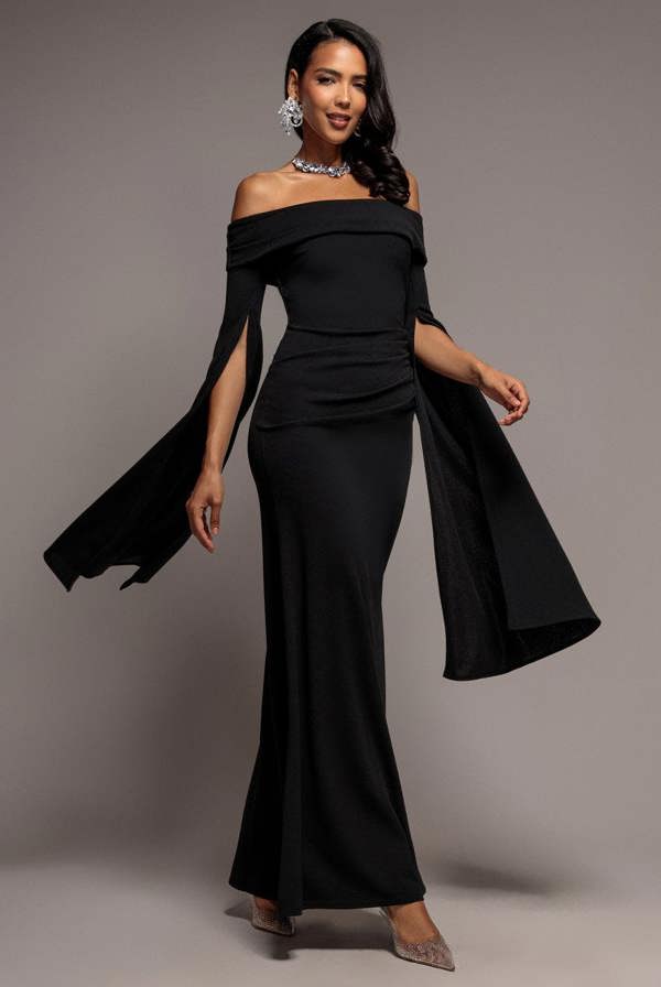 Off Shoulder Bardot Maxi Dress With  Split Cape Sleeves - Black DR5254
