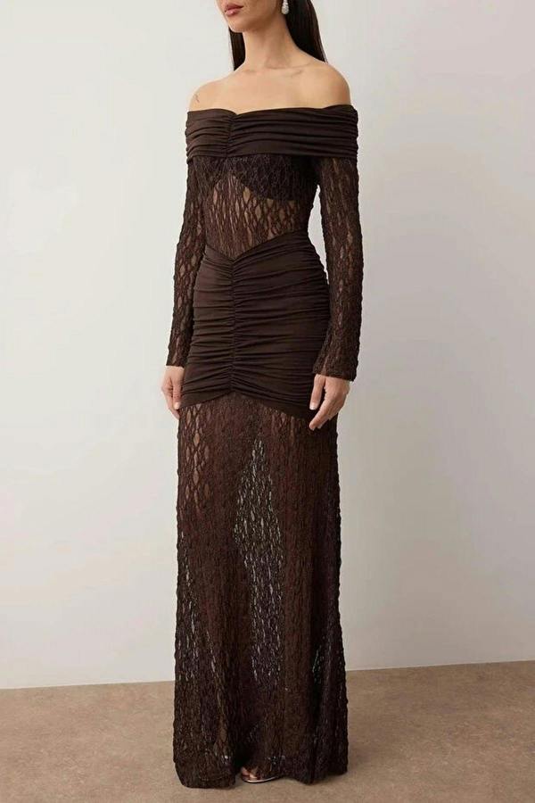 WOVCOR Carmen Collar Lace Knit Elegant Maxi Evening Dress