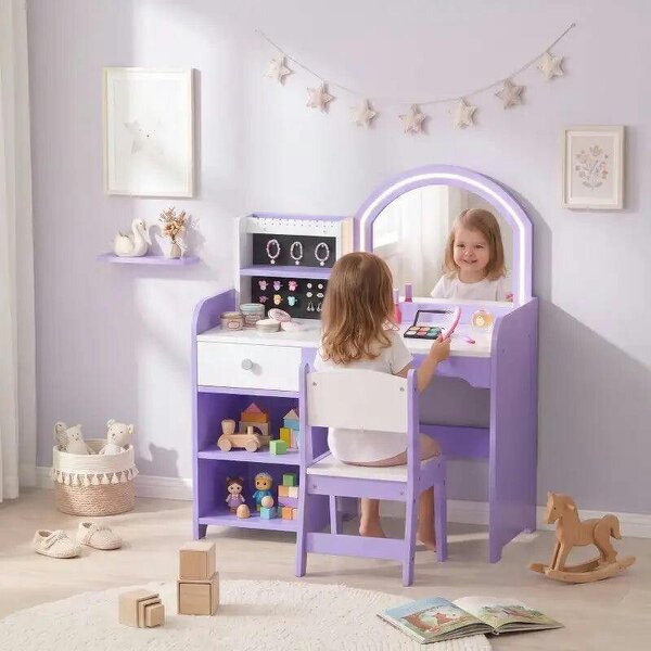 Kids Vanity Set, Kids Dressing Table with Stool, 2-Colour Lights Mirror, Pretend Dresser Gift for Ages 3-8, Purple - Purple