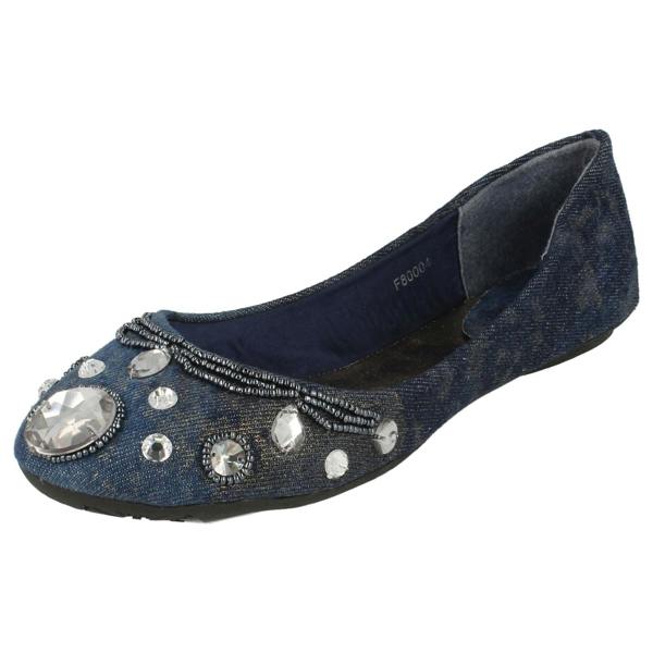 Spot On Ladies Spot On Denim Ballerina Jewel Beaded Vamp