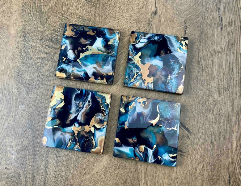 Kate Chesters Art Blue Bronze Gold Abstract Art Set of 4 Drinks Coasters