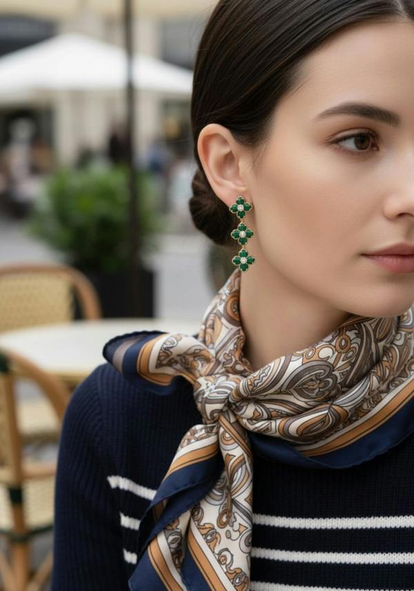 Woman wearing a patterned scarf and green clover earrings in an outdoor setting