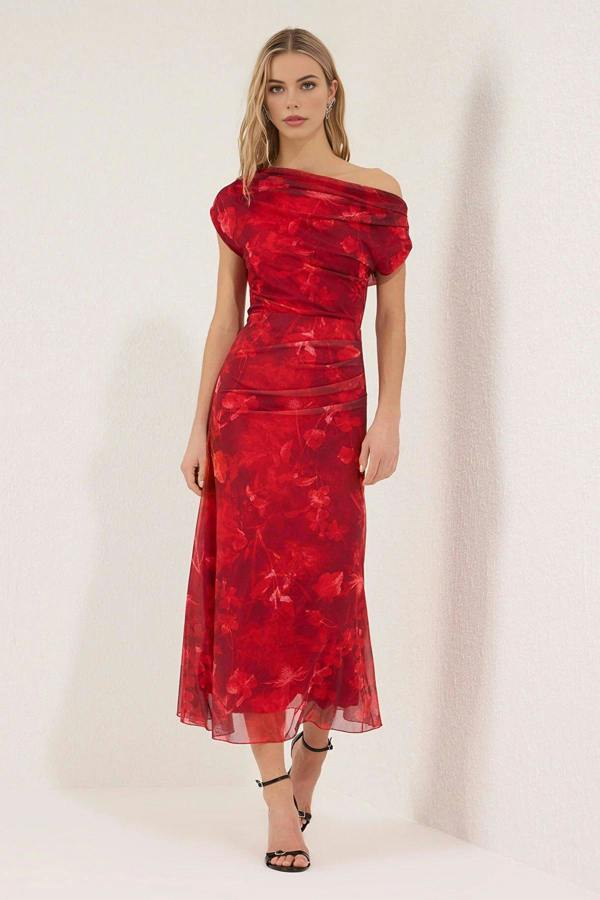WOVCOR Patterned Lined Tulle Knit Midi Evening Prom Dress