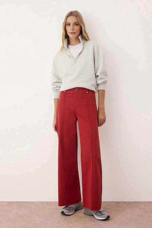 WOVCOR High Waist Cut-Out Wide Leg Jeans with Ribbed Detail