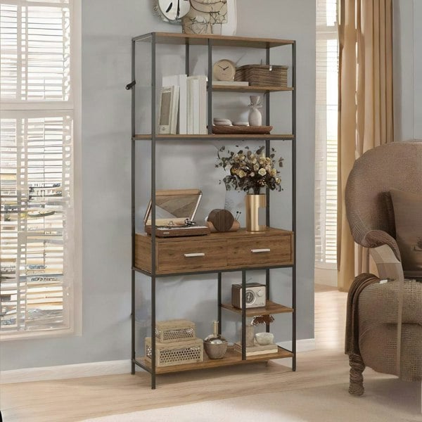 Rafaelo Mobilia Industrial Bookcase With 2 Large Drawers and Shelves Brown