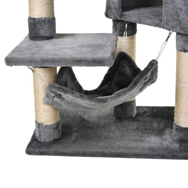Grey hammock and elevated platform on a multi-post cat tree base