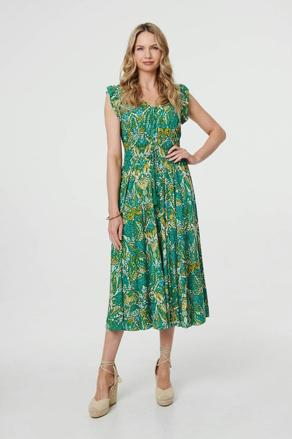 Green | Leaf Print Frilled Sleeveless Midi Dress
