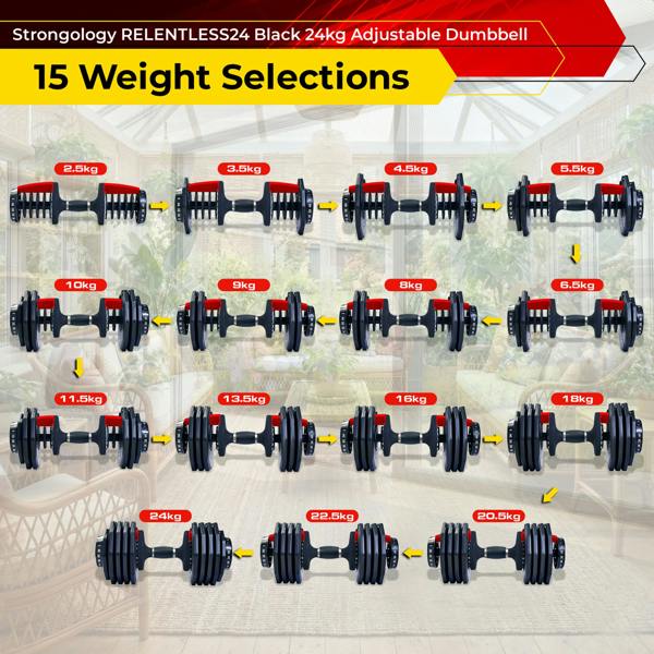 Strongology Relentless24 Pair Home Fitness Black Red Adjustable Smart Dumbbells from 2.5kg up to 24kg Training Weights