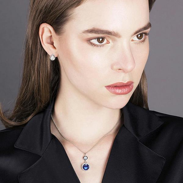 Double Drop Pendant Necklace with a Blue Cubic Zirconia Gemstone - namana.london