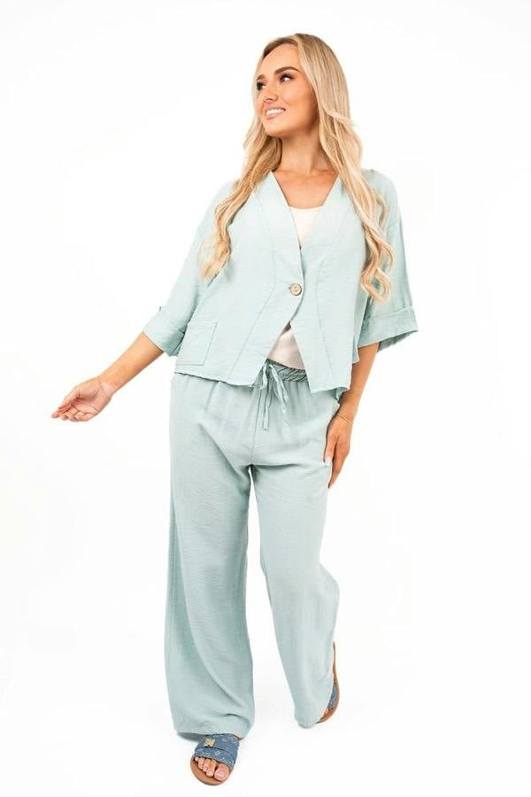 Lyssa Button Front Wide Sleeve Top And Trouser Co-ord Set - Mint