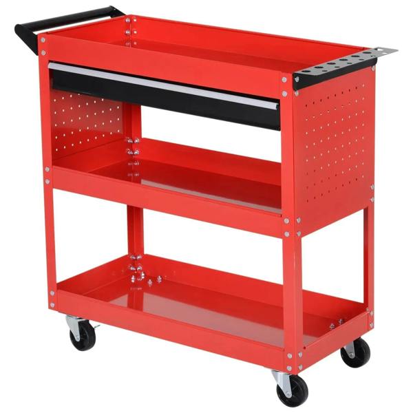 Red 3-tier tool trolley cart with black top rail, perforated sides, and 4 caster wheels