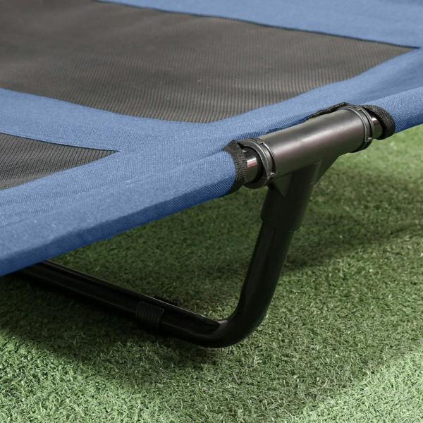 Corner connection and metal leg sleeve on blue elevated pet cot base