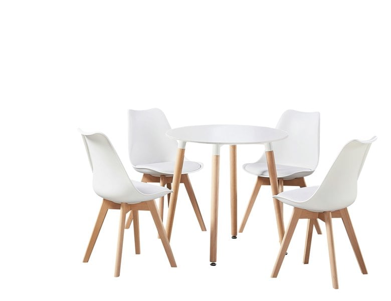 Life Interiors 5PCs Dining Set - a Black Round Dining Table & Set of 4 White Lorenzo Tulip chairs with Padded Seat