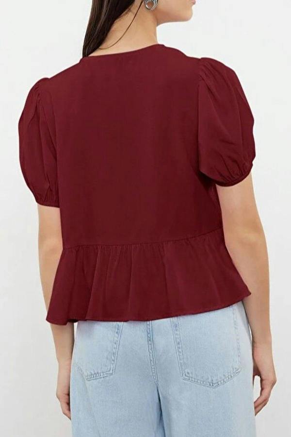 WOVCOR Tie Front V-Neck Short Sleeve Woven Shirt