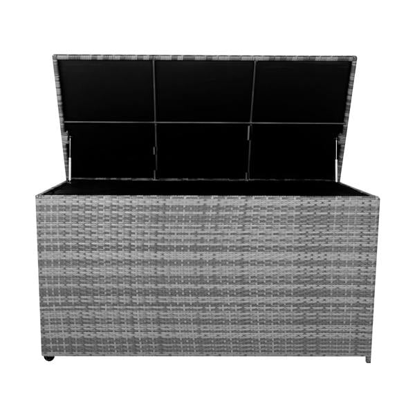 Grey rattan cushion storage box with a textured weave, spacious interior, and a hinged lid for easy access to stored items