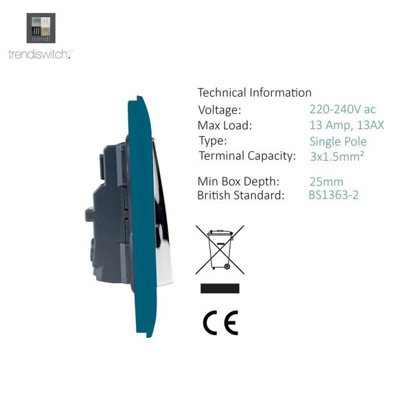 Trendi Switch 1 Gang 13 Amp Switched Plug Socket in Ocean Blue