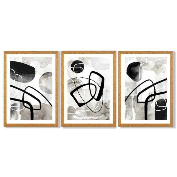 Artze Wall Art Set of 3 Abstract Black Grey Watercolour Framed Wall Art