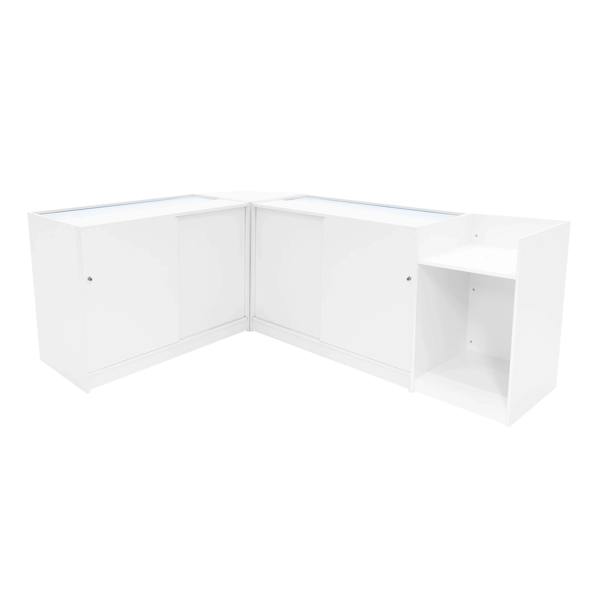 Eclipse LED Shop Counter Set in white, featuring sleek design with glass display tops, storage cabinets, and modern finish