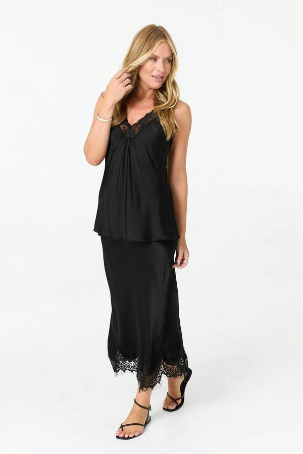 Black | Lace Trim Satin Texture Vest Top