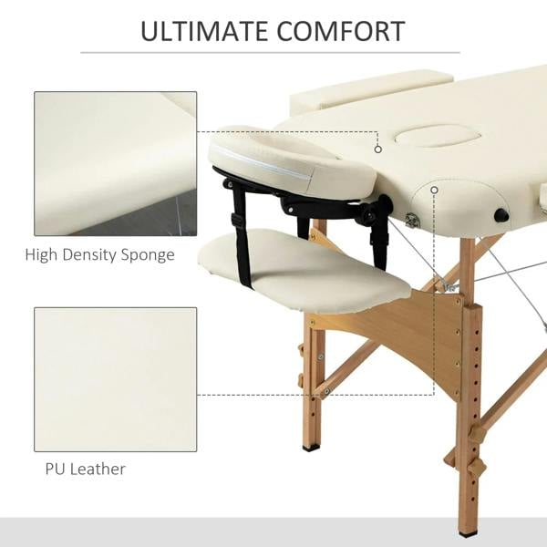 Cream PU leather massage table with high-density sponge padding and wooden frame