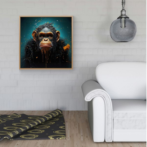 Warren Reed Monkey Face Splash Art Blue Framed Canvas