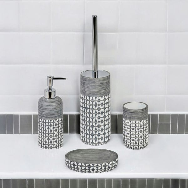 Showerdrape Ravello Geo Floral Grey & White 4 Piece Bathroom Accessory Set