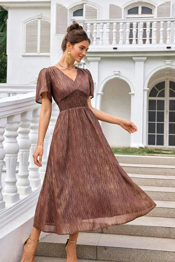 FS Collection Angel Sleeve Gold Stripe Foil Midi Dress In Brown