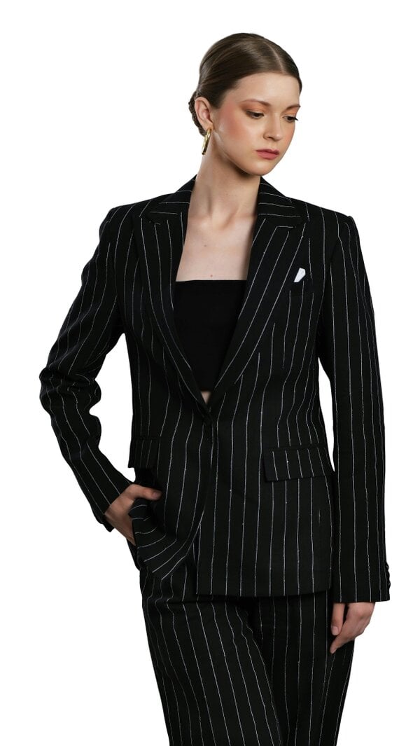 LuvForever Fashion Regent - Black Striped 100% Linen Suit