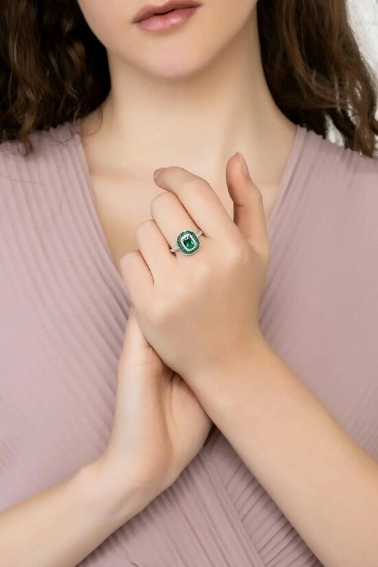 Latelita Great Gatsby Cocktail Ring Emerald Silver