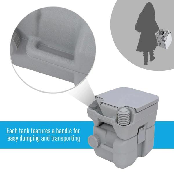 Grey portable camping toilet with detachable tank handles and transport details