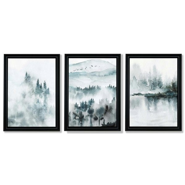 Artze Wall Art Teal Blue Abstract Forest Lake Set of 3 Framed Wall Art