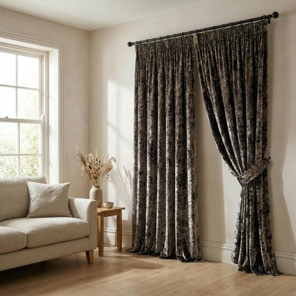 Luxe made-to-measure curtains in Plumb, styled in a living room