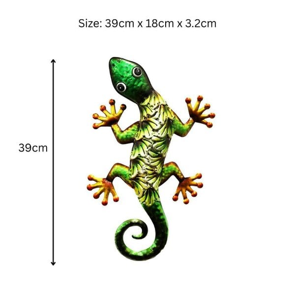 EDH Door Hardware Metallic Green Gecko Wall Art – 39 x 18 x 3.2 CM | Hand-Painted Metal Lizard Decor for Indoor & Outdoor
