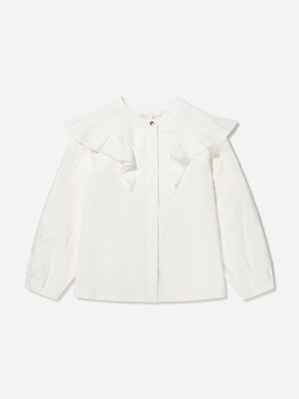 Chloé Girls Embroidered Ruffle Blouse in Ivory