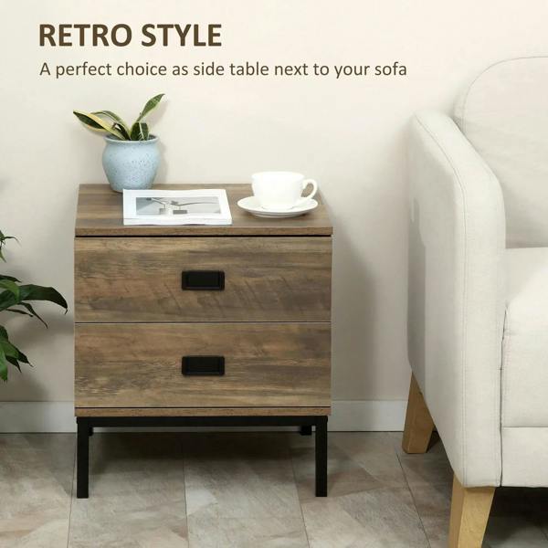 Brown retro bedside table with 2 drawers, black handles, styled with teacup and plant