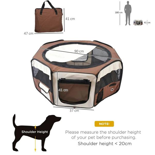 Portable pet playpen with mesh top and side panels, showing dimensions and front entry.