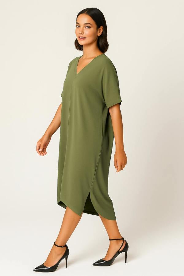 Hoxton Gal Relaxed Fit V-Neck Batwing Sleeve Midi Dress Kaftan Style in Khaki