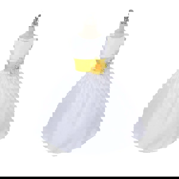 White Morgan dress with yellow Sash and Flower