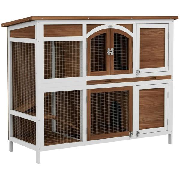 Two-tier wooden pet hutch with arched central door and wire-mesh panels