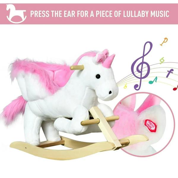 Pink and white plush unicorn rocking horse with music sound button at the ear and wooden rocker