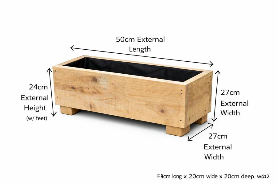 Upcycled scaffold board garden trough planter with labelled external dimensions